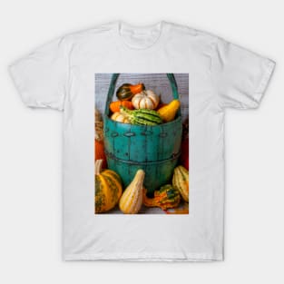 Green Bucket Full Of Autumn Pumpkins And Gourds T-Shirt